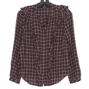 Madewell Womens Top Ruffle Front Button Up Long Sleeve Plaid Burgundy Size XS FF